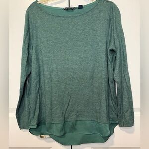 Lands’ End Green Long Sleeve Knit Top Chiffon Hem Open Back Layered Blouse